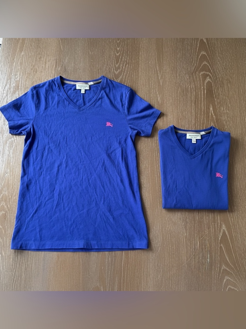 Burberry V-Neck Tee - Blue with Pink Logo